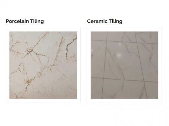 A side-by-side comparison showing the fine-grained, marble-like pattern of porcelain tiling next to the simpler, classic look of ceramic tiling.