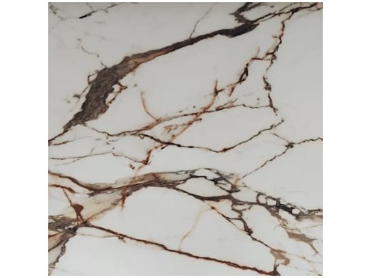 A close-up of a luxurious white marble tile featuring dramatic, deep brown and grey natural veining.