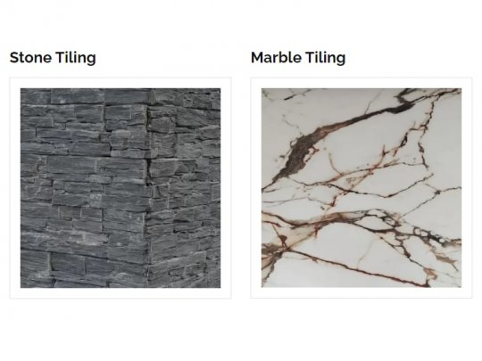 A comparison image showing the textured, rugged appearance of stacked stone tiling on the left and the smooth, polished look of white marble with dark veins on the right.