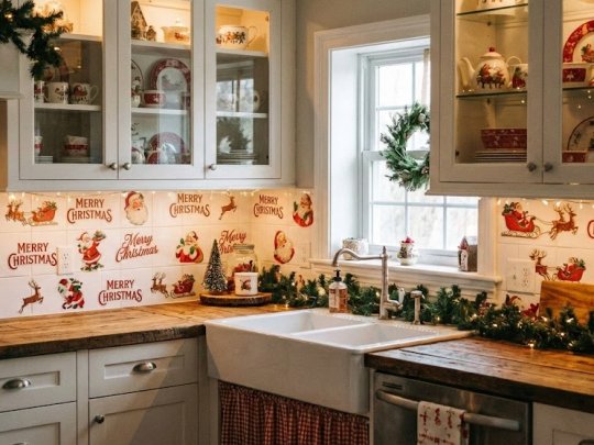 Kitchen decorated with Christmas-themed tile stickers and festive holiday decor.