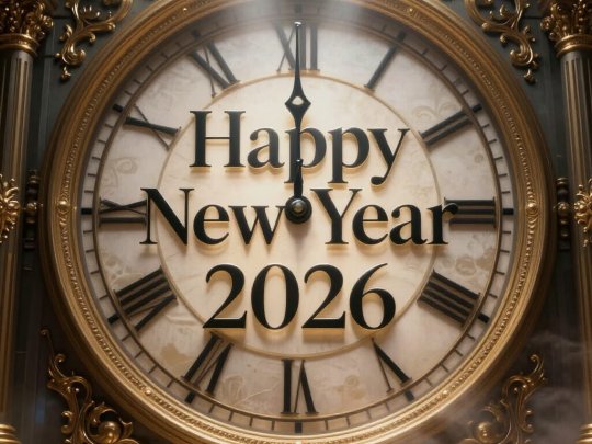 Ornate gold clock with Roman numerals striking midnight, glowing light and mist around the face, reading ‘Happy New Year 2026’.