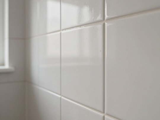 lose-up of professionally installed waterproof white gloss bathroom tiles with clean grout lines in a Dublin home.