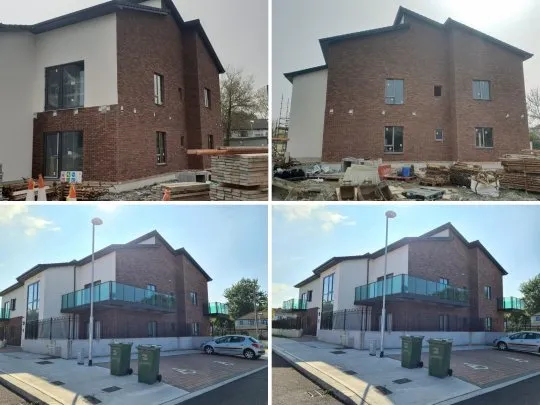 Before and after view of a Dublin home showing external brickwork, balconies, and ongoing construction work for a tiling and finishing project.