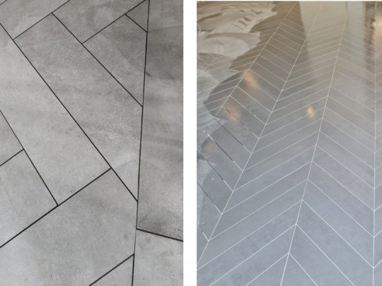 Comparison of grey stone-effect tiles in a matte herringbone layout versus high-gloss polished tiles in a modern Irish home interior.