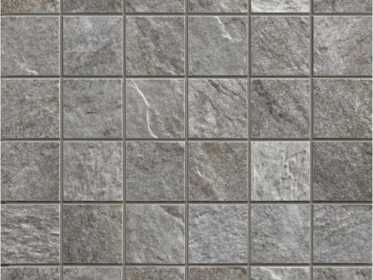 Grey stone-effect textured mosaic square tiles showcasing natural variations in texture and slate-like depth for a modern home interior.
