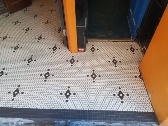 Classic vintage-style entryway with white hexagon mosaic tiles featuring a black diamond pattern and a black square tile border.