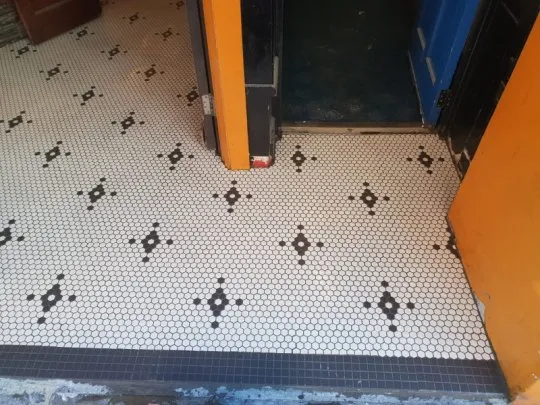 Classic vintage-style entryway with white hexagon mosaic tiles featuring a black diamond pattern and a black square tile border.