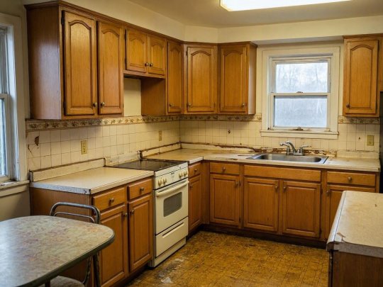 Older Dublin kitchen awaiting renovation with traditional wooden cabinets, tiled splashback, and worn flooring ready for modern tiling upgrades.