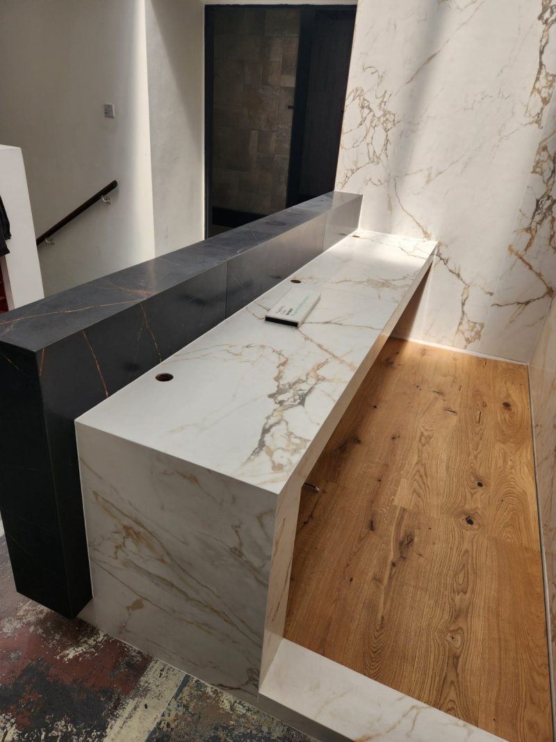 Large-format white and black marble installation – frontal view, RC Tiling Dublin