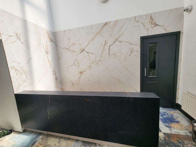 Large-format white and black marble installation – rear view, RC Tiling Dublin