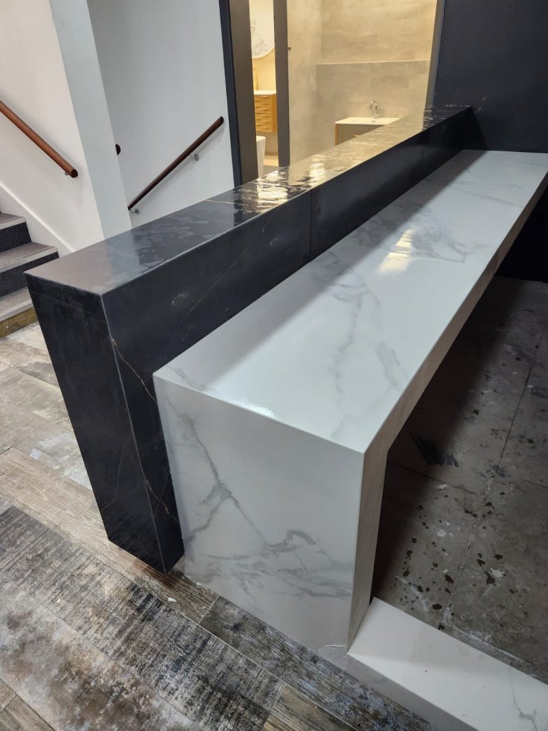 Rear view of reception desk with white marble work surface – RC Tiling Dublin