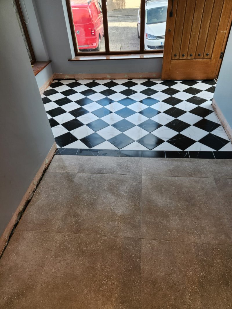 Victorian black-and-white entrance tiles viewed from hallway with ceramic flooring – RC Tiling Dublin  