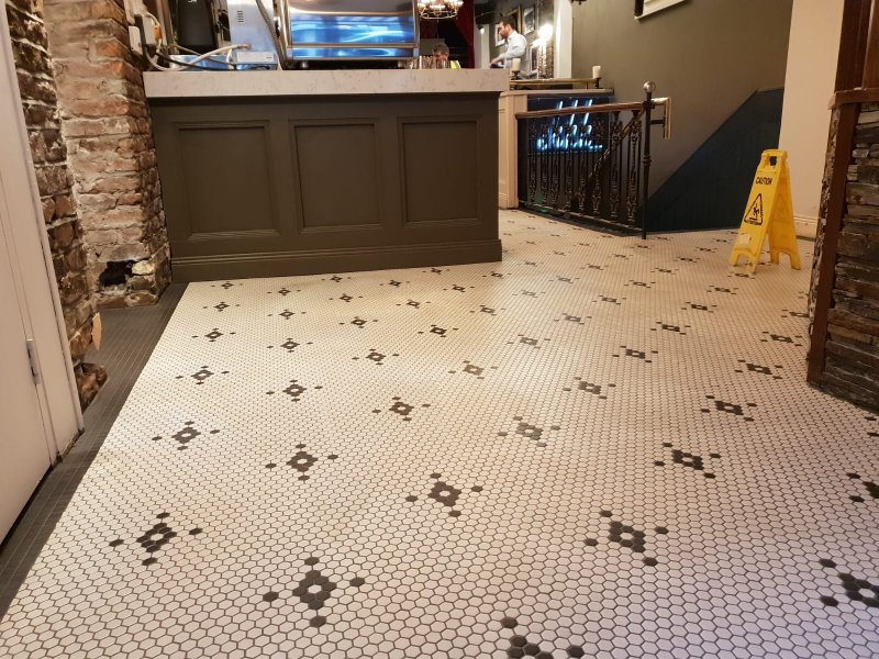 Large scale commercial hexagonal floor tiling for a Dublin bar and restaurant.